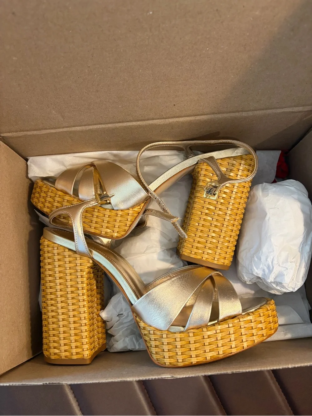 Metallic Gold Platform Woven-Trim Block Heel Sandals